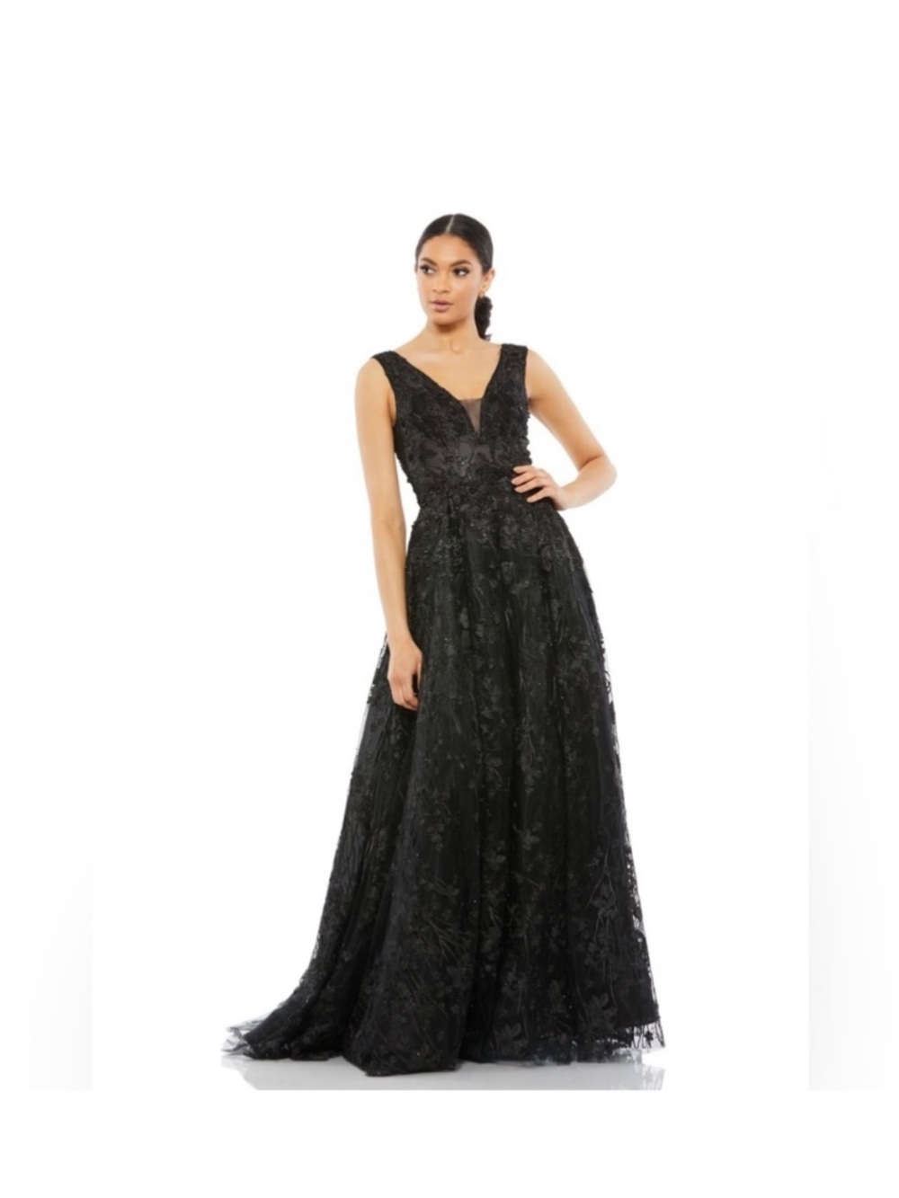 MAC DUGGAL Black Floral Embroidered Illusion V-Neck Tulle Ball Beaded Gown 14